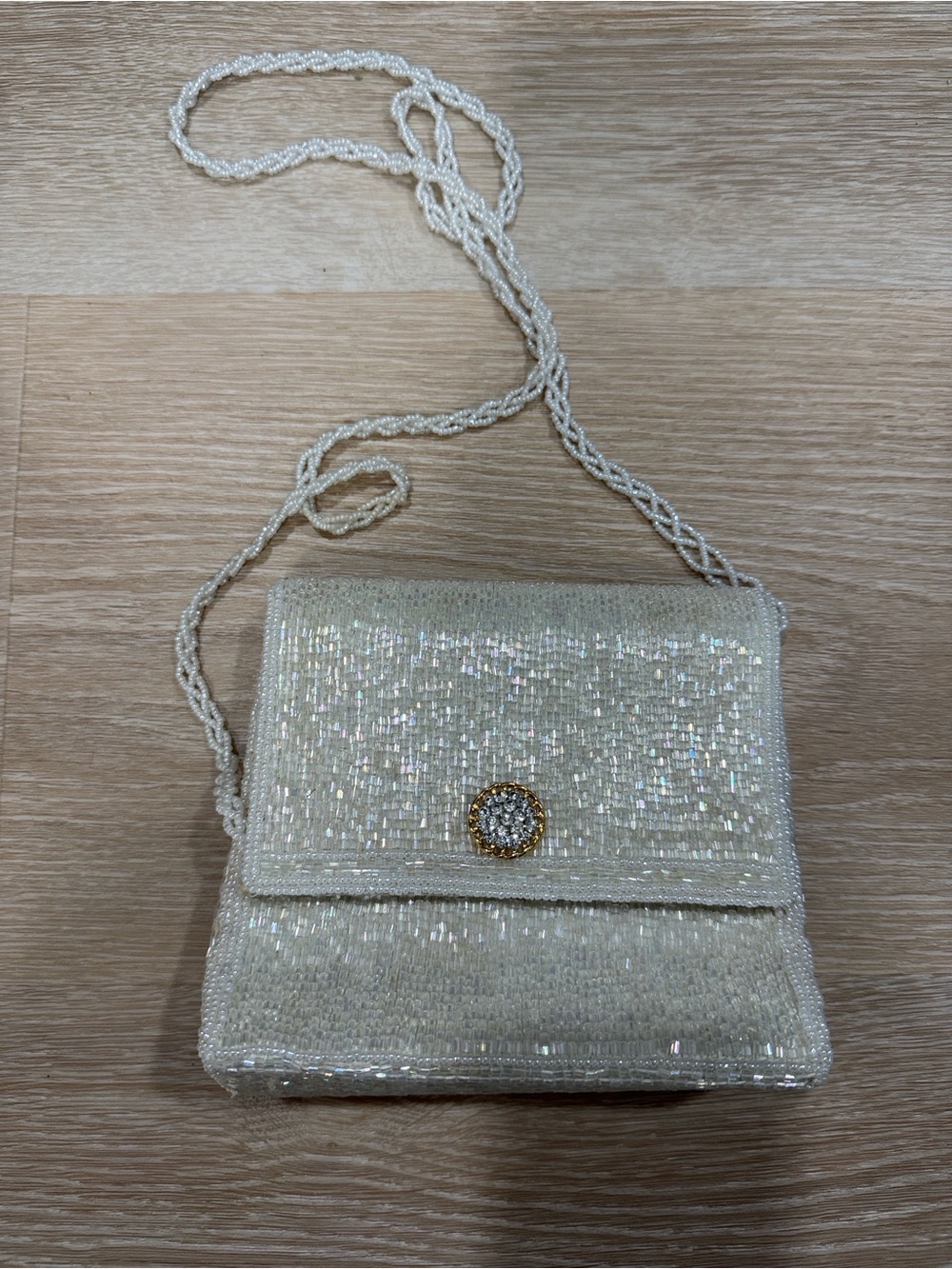 Iridescent Ivory Beaded Crossbody Bag with Crystal Button